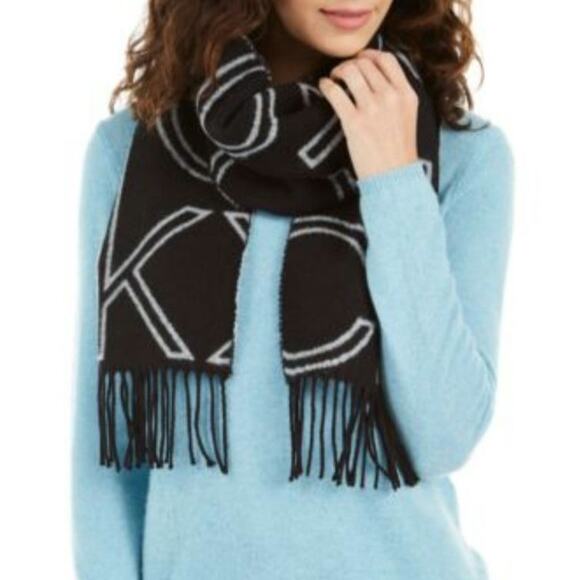Calvin Klein gray & black CK logo reversable long scarf with fringe detail - Picture 8 of 8